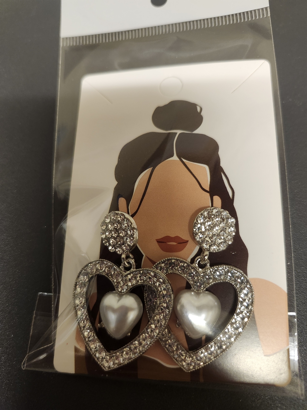 Crystal Heart Drop Earrings with Pearl Center in Silver